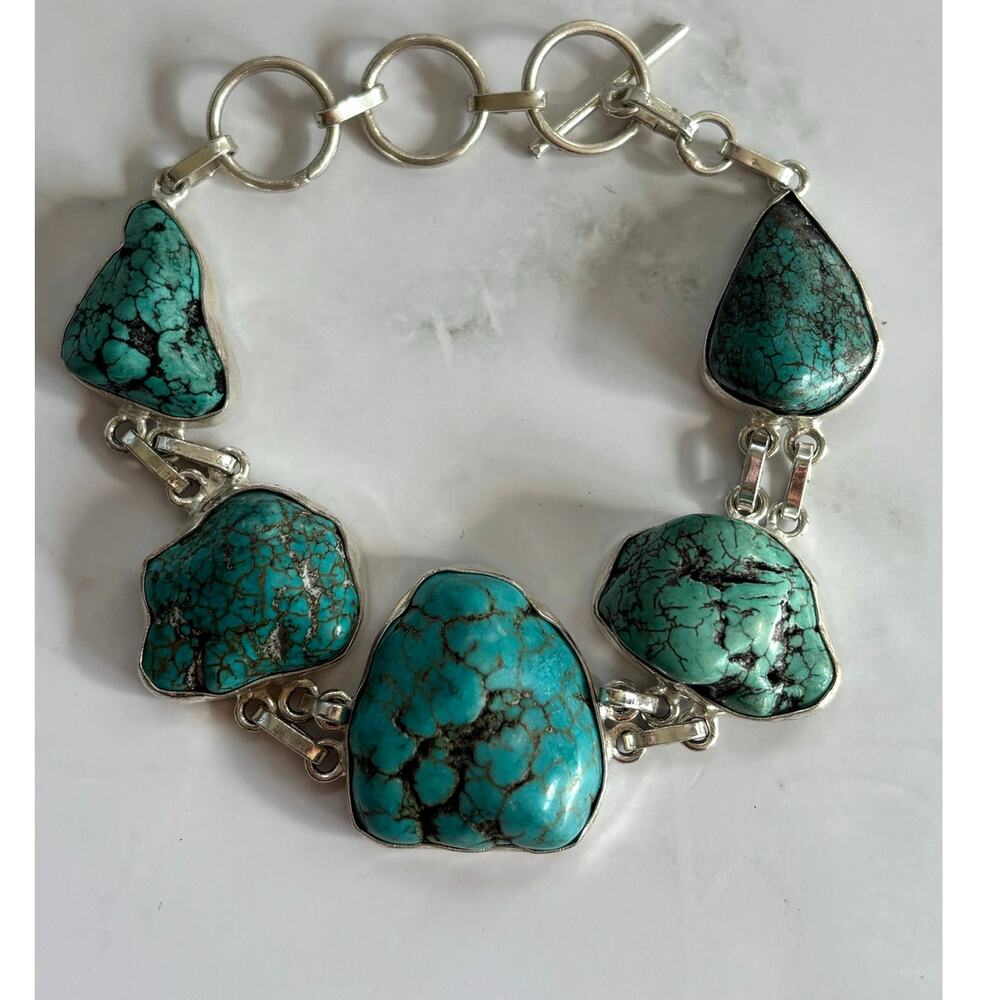 925 Sterling CHUNKY Blue Turquoise Stone Bracelet